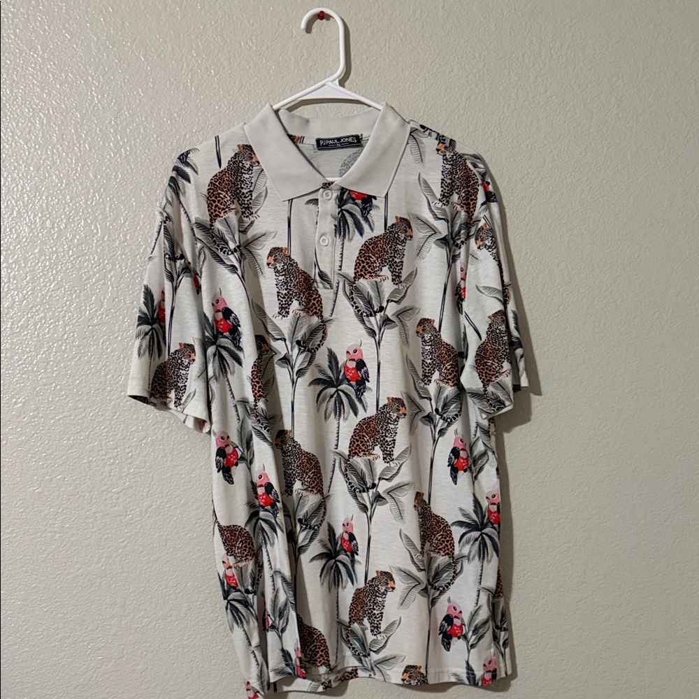 Men's Cream Leopard and Parrot Print Shirt